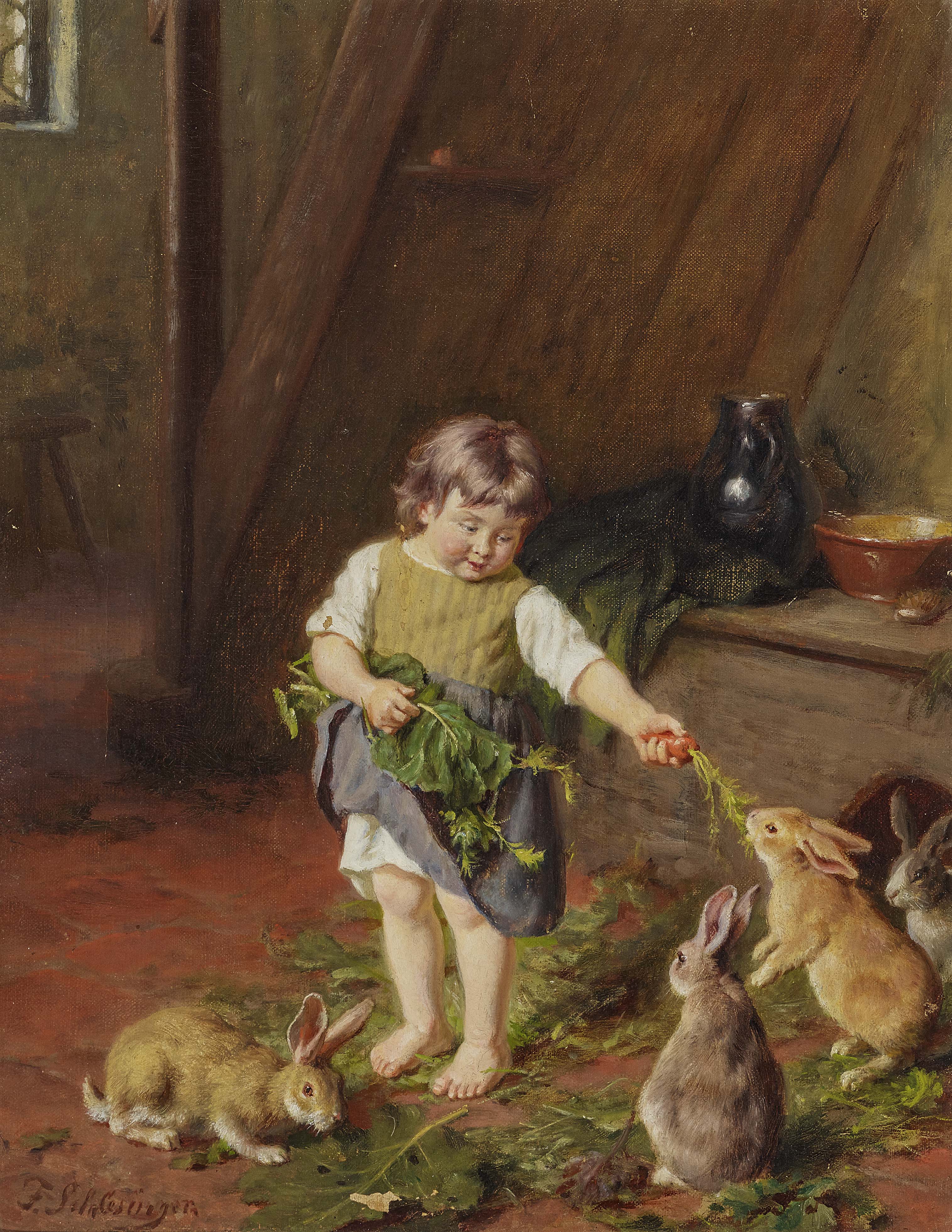 Картина дети кормят курицу. Felix Schlesinger картины.